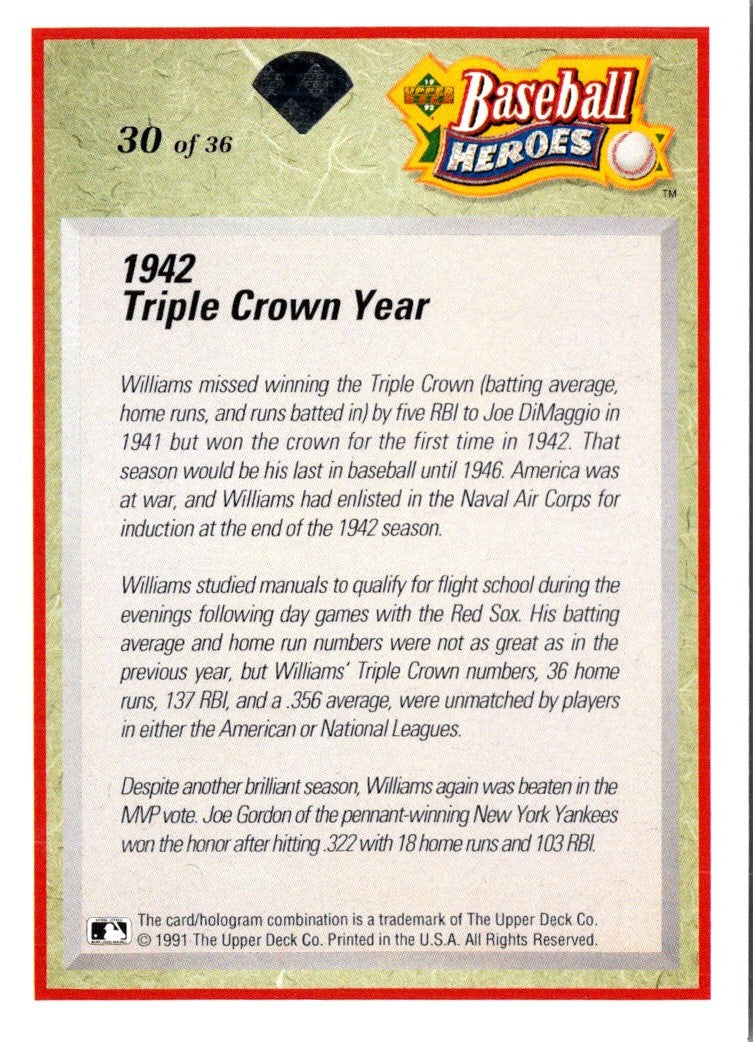 1992 Upper Deck Baseball Heroes Ted Williams Ted Williams