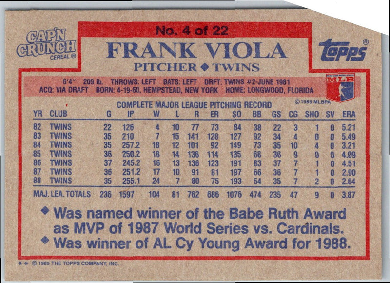 1989 Topps Cap'n Crunch Frank Viola