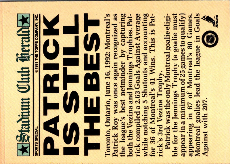 1992 Stadium Club Patrick Roy