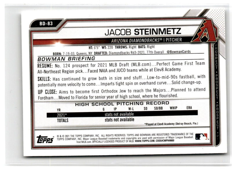 2021 Bowman Draft Jacob Steinmetz