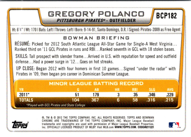 2012 Bowman Chrome Prospects Gregory Polanco