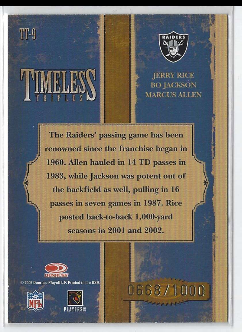 2005 Donruss Classics Timeless Triples Bronze Jerry Rice/Bo Jackson/Marcus Allen