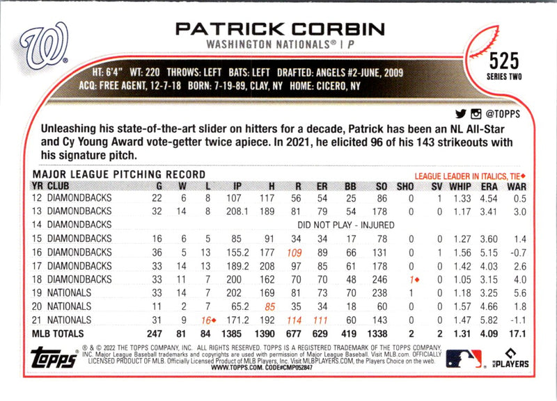 2022 Topps Patrick Corbin