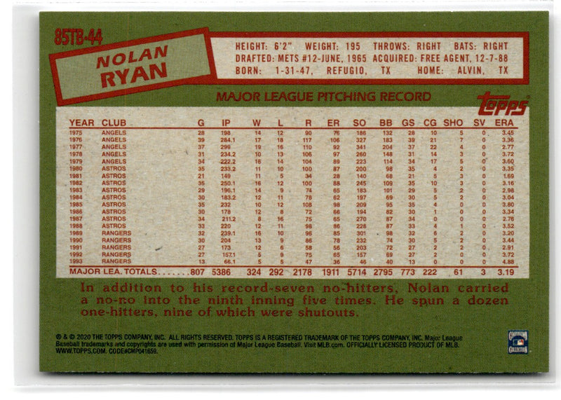 2020 Topps Update 1985 Baseball 35th Anniversary Nolan Ryan