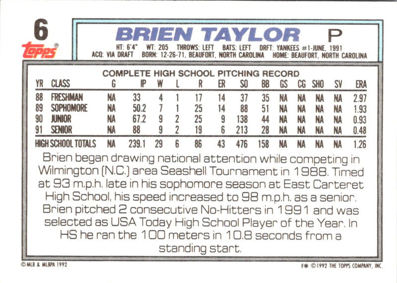 1992 Topps Gold Brien Taylor