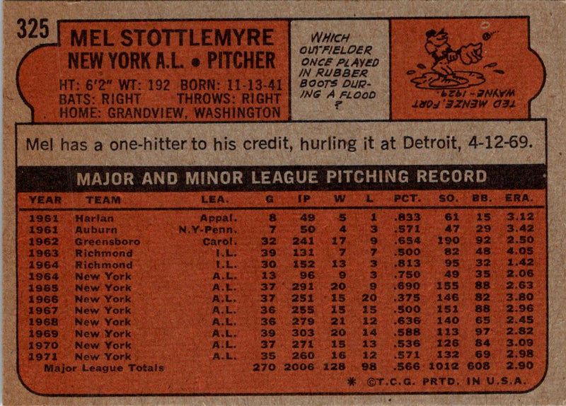 1972 Topps Mel Stottlemyre