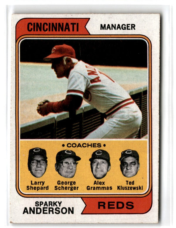 1974 Topps Sparky Anderson/Larry Shepard/George Scherger/Alex Grammas/Ted Kluszewski #326