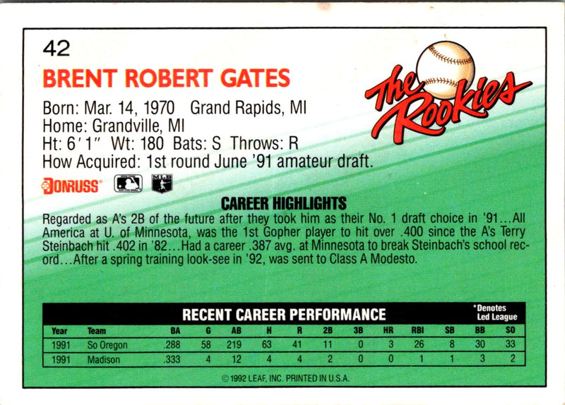 1992 Donruss The Rookies Brent Gates