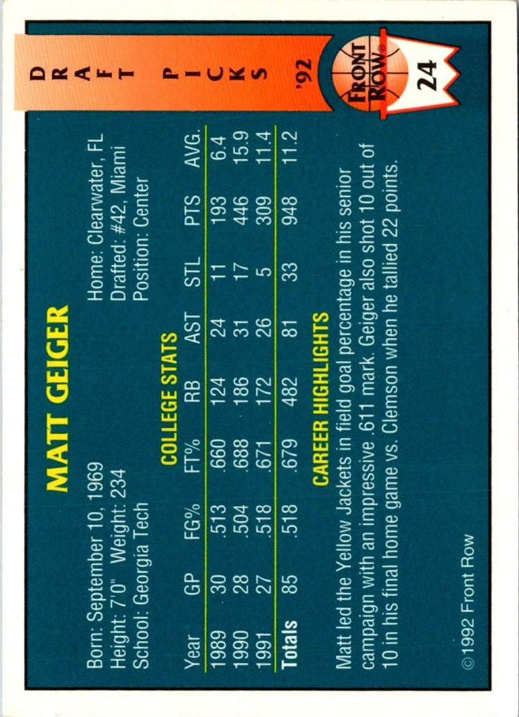 1992 Front Row Draft Picks Gold Matt Geiger
