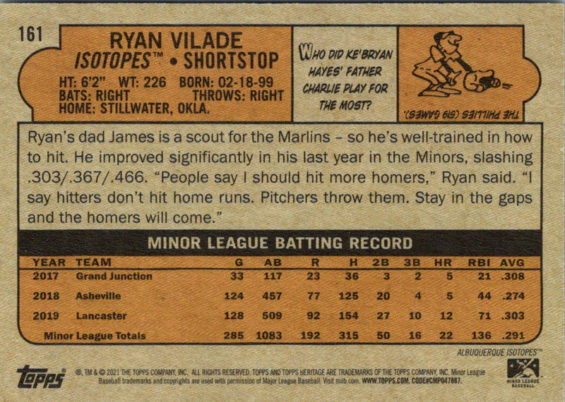 2021 Topps Heritage Minor League Ryan Vilade