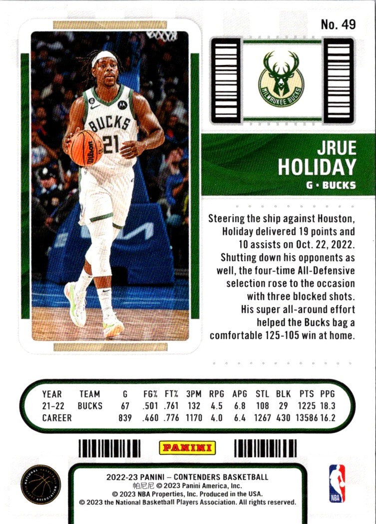 2022 Panini Contenders Game Ticket Green Jrue Holiday