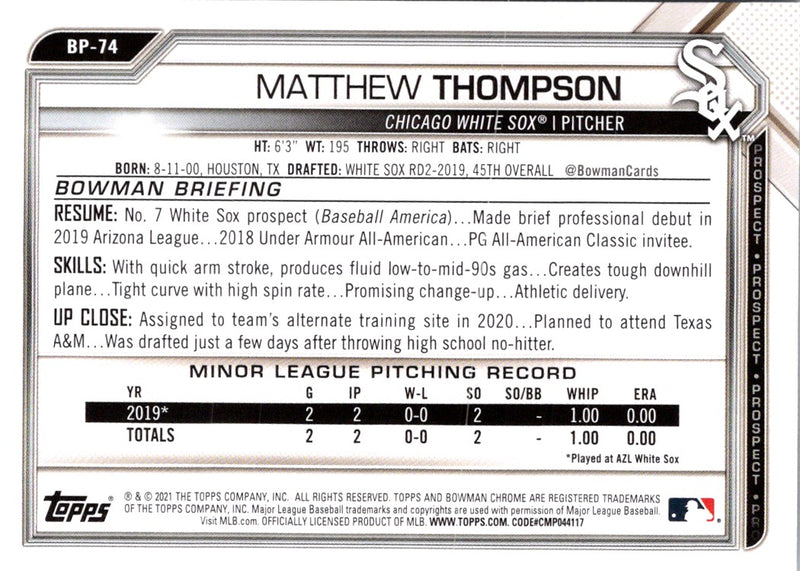 2021 Bowman Prospects Matthew Thompson