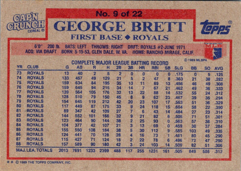 1989 Topps Cap'n Crunch George Brett