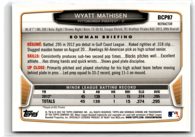 2013 Bowman Chrome Prospects Blue Wave Wyatt Mathisen