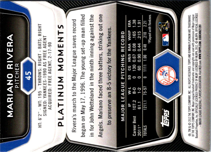 2012 Bowman Platinum Mariano Rivera