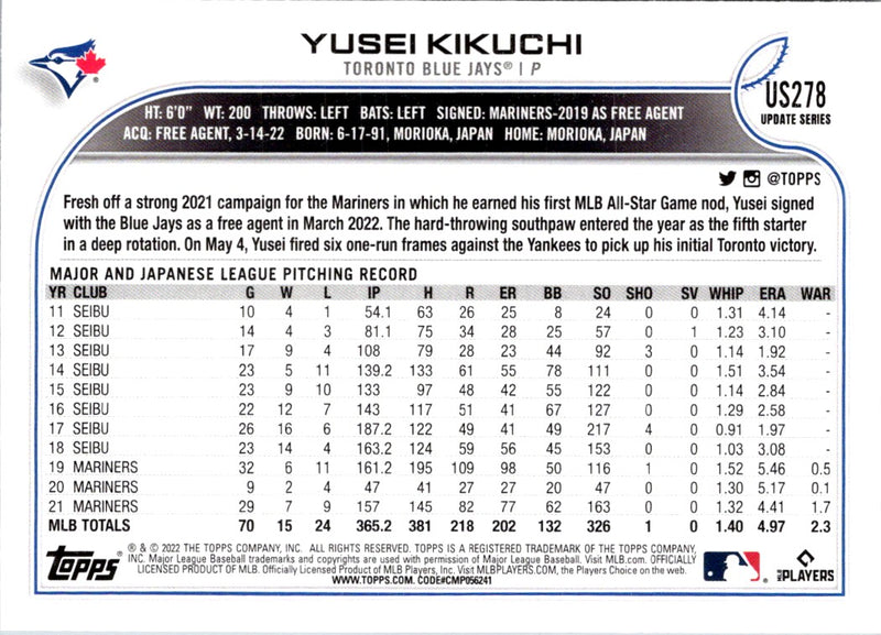 2022 Topps Update Yusei Kikuchi