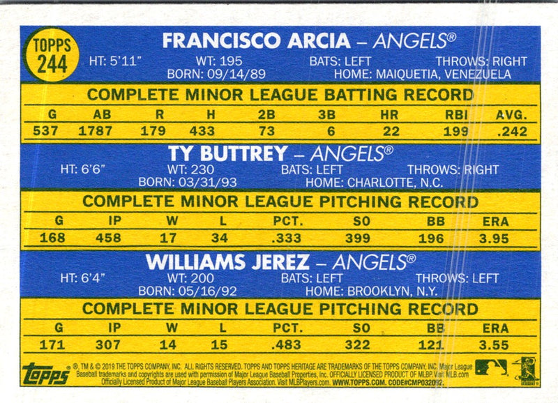 2019 Topps Heritage Ty Buttrey/Francisco Arcia/Williams Jerez