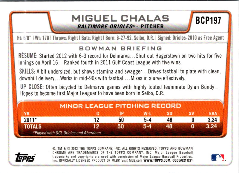 2012 Bowman Chrome Prospects Miguel Chalas