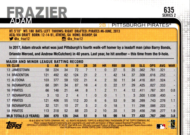 2019 Topps Pittsburgh Pirates Adam Frazier