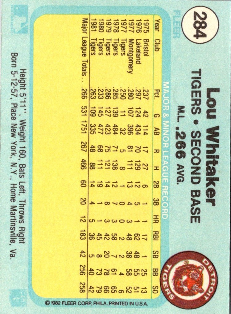 1982 Fleer Lou Whitaker