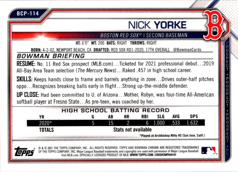 2021 Bowman Chrome Prospects Nick Yorke