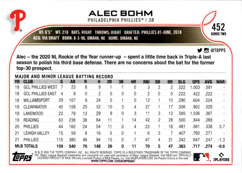 2022 Topps Blue Alec Bohm