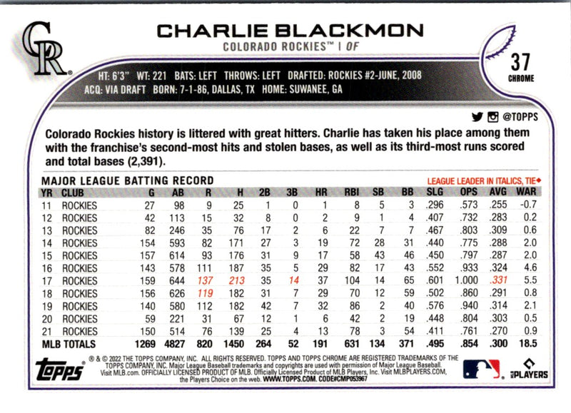 2022 Topps Chrome Charlie Blackmon