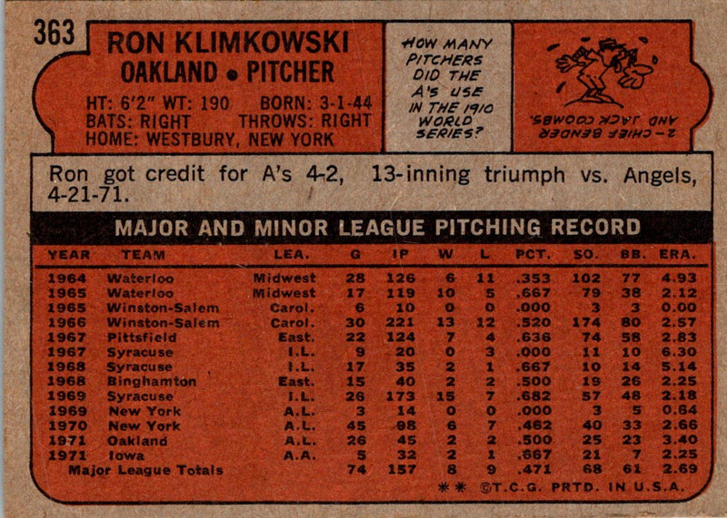 1972 Topps Ron Klimkowski