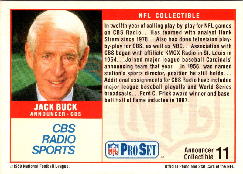 1989 Pro Set Announcers Jack Buck