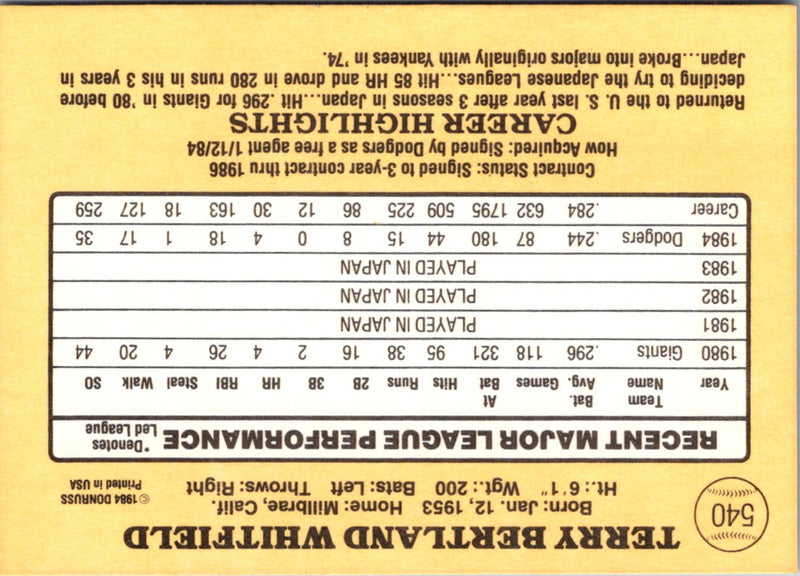 1985 Donruss Terry Whitfield