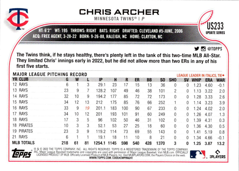 2022 Topps Update Chris Archer