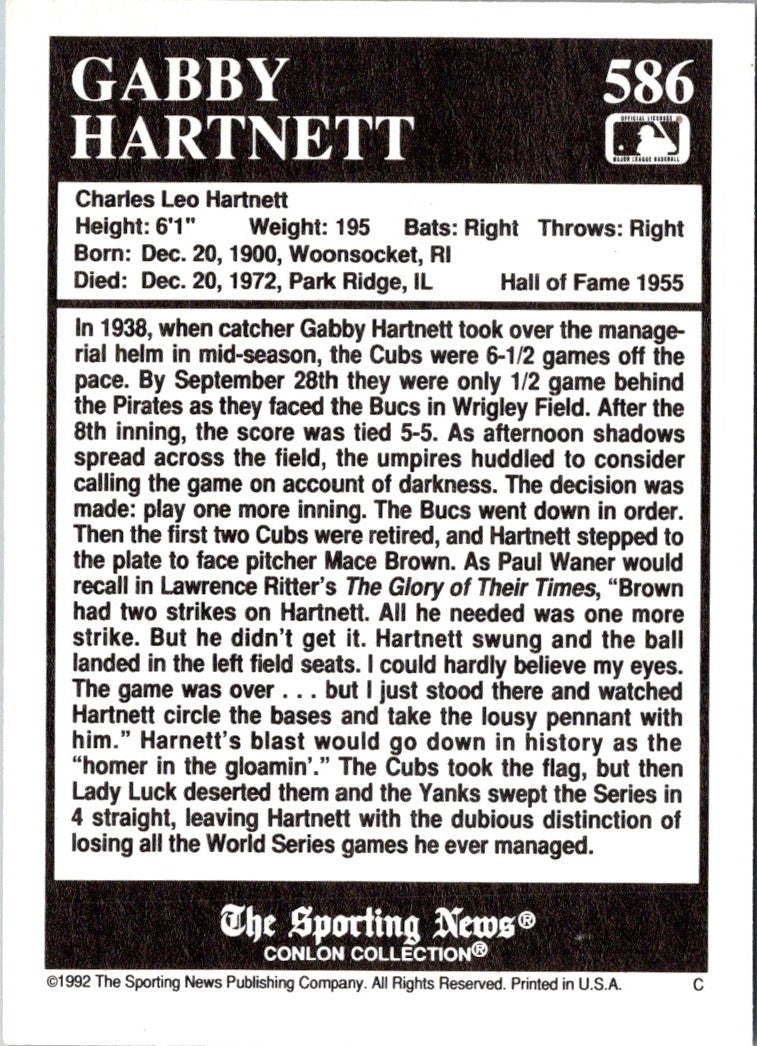 1992 Conlon Collection TSN Gabby Hartnett