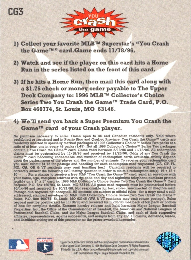 1996 Collector's Choice You Crash the Game Rafael Palmeiro