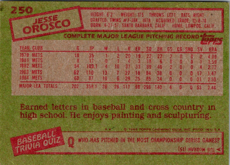 1985 O-Pee-Chee Jesse Orosco
