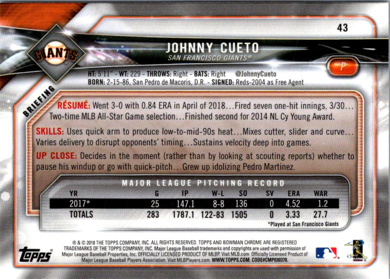 2018 Bowman Chrome Johnny Cueto