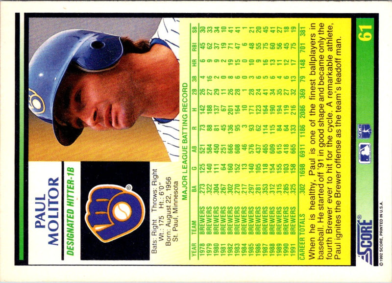 1992 Score Paul Molitor