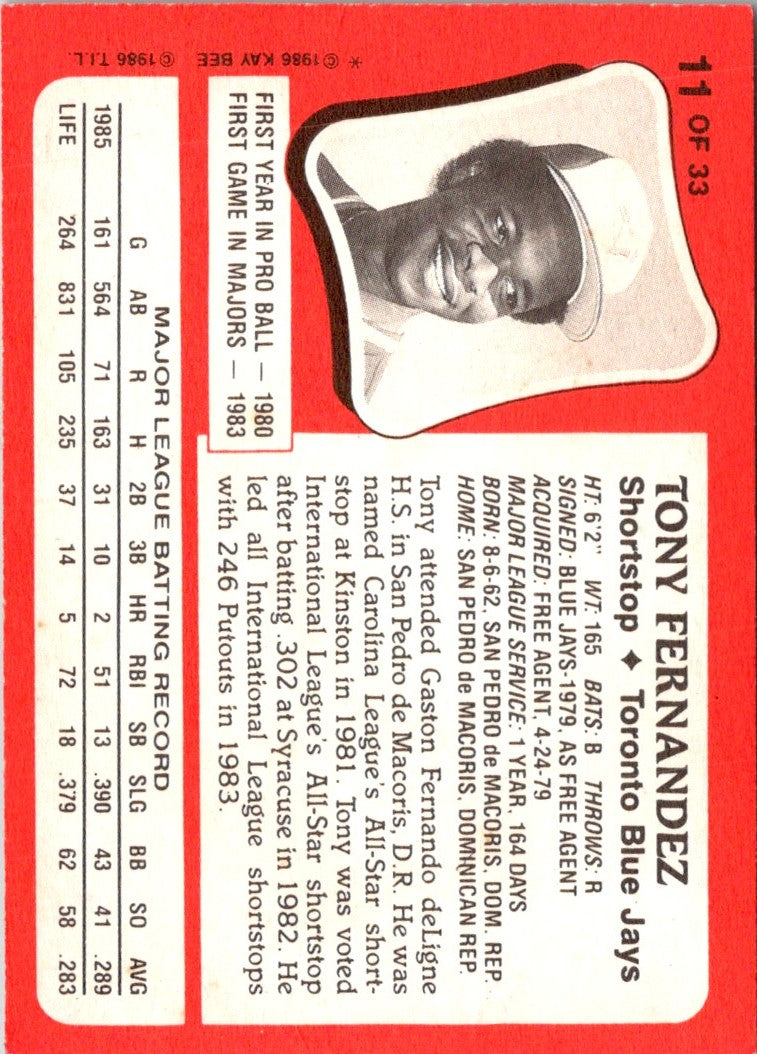 1986 Topps Kay-Bee Young Superstars of Baseball Tony Fernandez