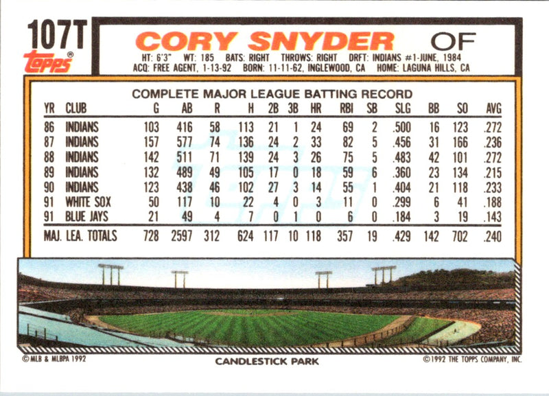 1992 Topps Traded Cory Snyder