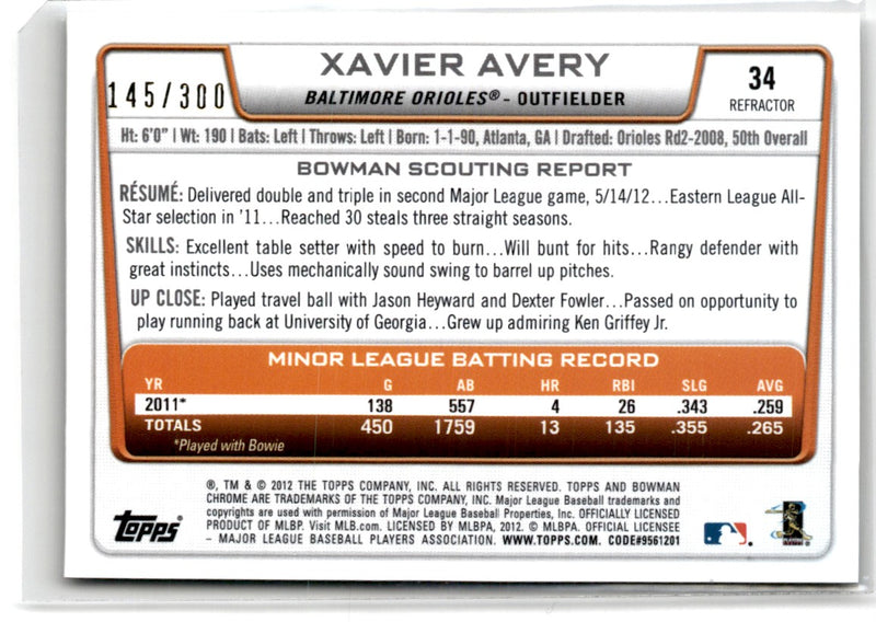 2012 Bowman Draft Picks & Prospects Chrome Refractors Xavier Avery