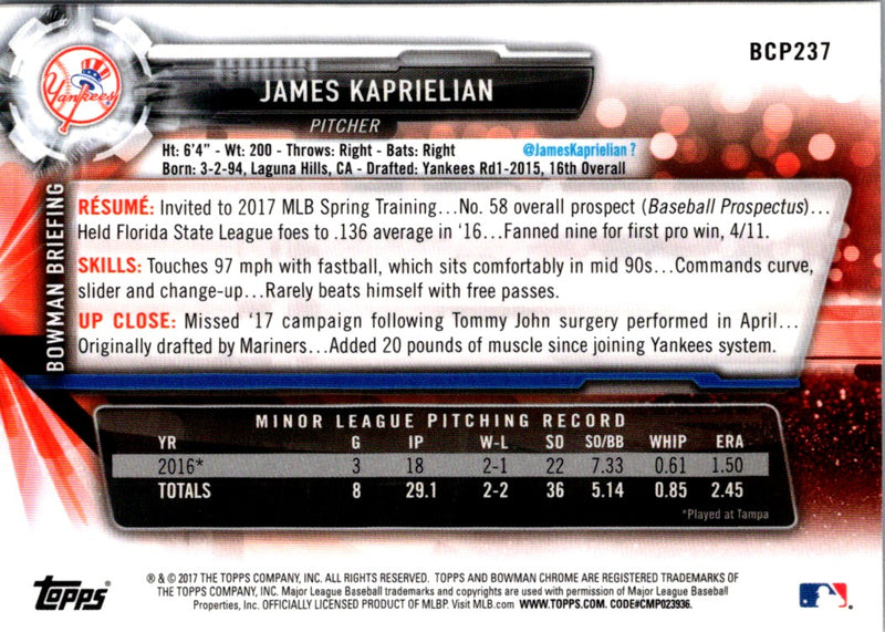 2017 Bowman Chrome Prospects James Kaprielian