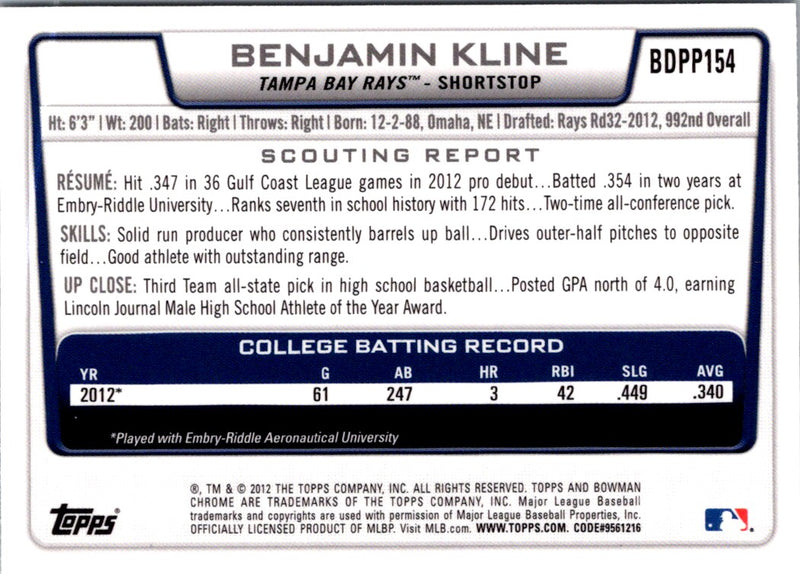 2012 Bowman Draft Picks & Prospects Chrome Benjamin Kline