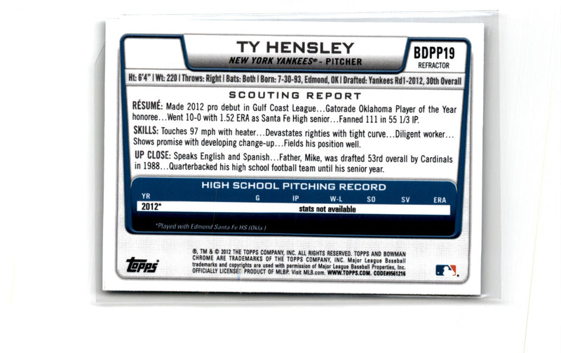 2012 Bowman Draft Picks & Prospects Chrome Ty Hensley