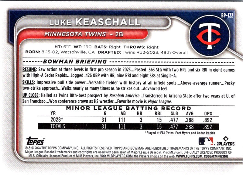 2024 Bowman Prospects Luke Keaschall