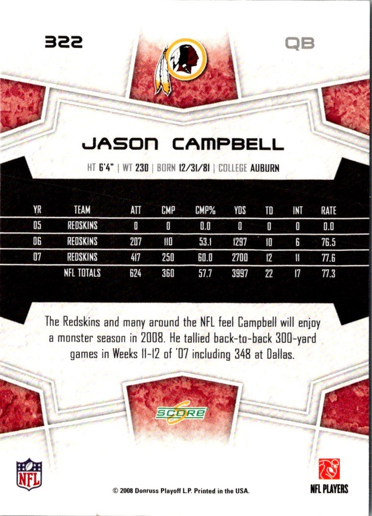 2008 Score Super Bowl XLIII Jason Campbell