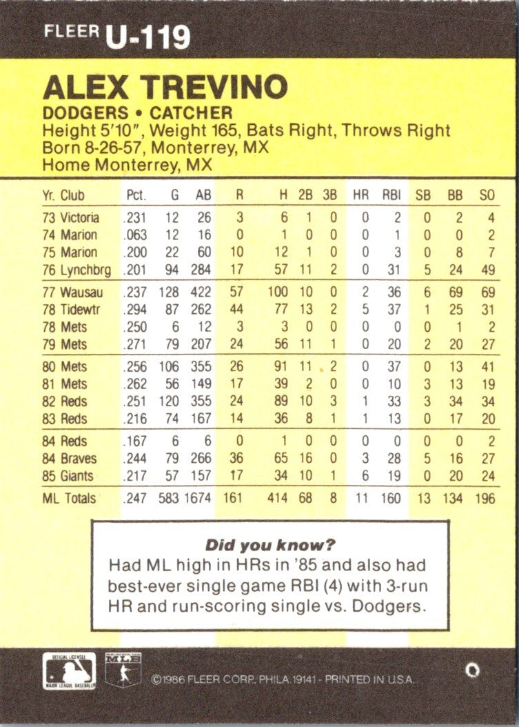 1986 Fleer Update Alex Trevino