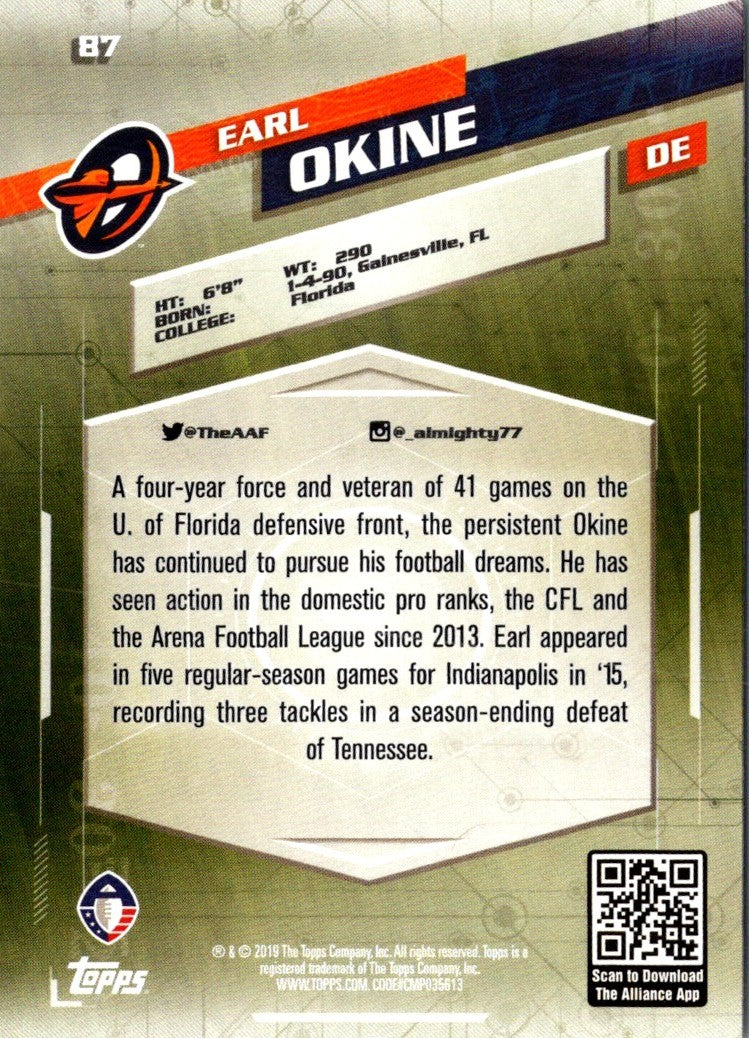 2019 Topps AAF Earl Okine