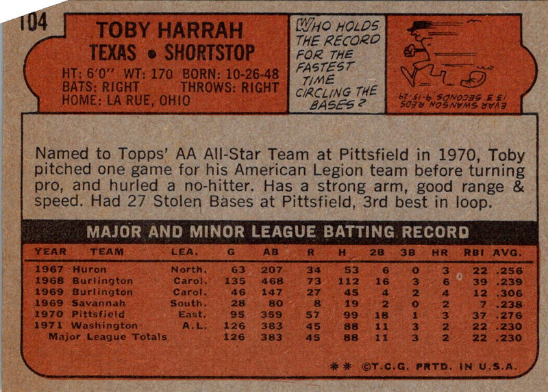 1972 Topps Toby Harrah