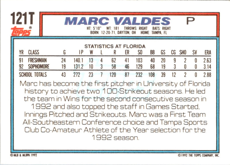 1992 Topps Traded Marc Valdes