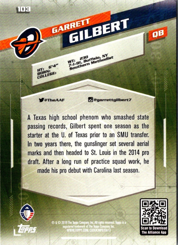 2019 Topps AAF Garrett Gilbert