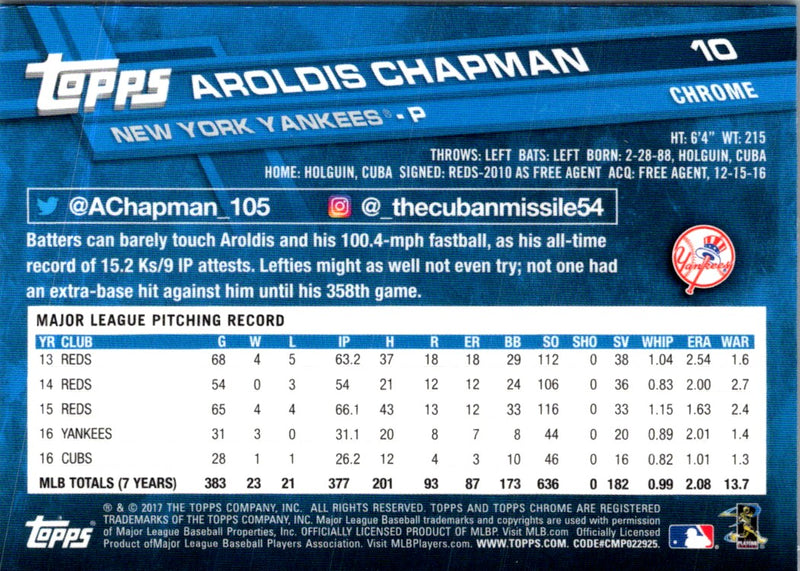 2017 Topps Chrome Aroldis Chapman